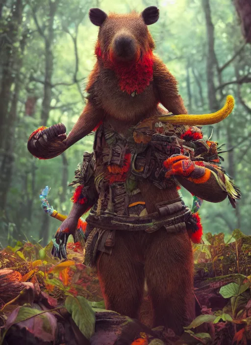 Prompt: detailed full body concept art illustration matte painting of an anthropomorphic capybara forest warrior in full intricate colorful clothing, ultra detailed, digital art, octane render, 8K, dystopian, biomutant, micro details