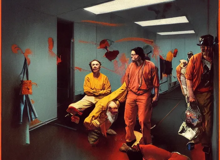 Image similar to a still from the movie one flew over the cuckoo's nest by francis bacon and norman rockwell and james jean, and mark brooks, triadic color scheme, by greg rutkowski, syd mead and edward hopper and norman rockwell and beksinski, dark surrealism, orange and turquoise