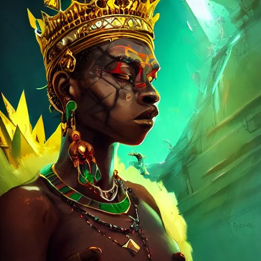 Image similar to a dark and ominous african queen with glowing eyes and a golden crown with a ruby and an emerald in her forehead, Apex Legends character digital illustration portrait design, by android jones and greg rutkowski in a cyberpunk voodoo style, detailed, cinematic lighting, wide angle action dynamic portrait