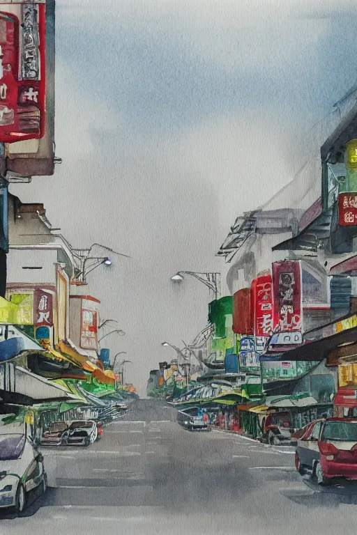 Image similar to a watercolor depicting a singapore geylang, gloomy weather, high contrast, smooth, by joseph zbikowicz, 8 k