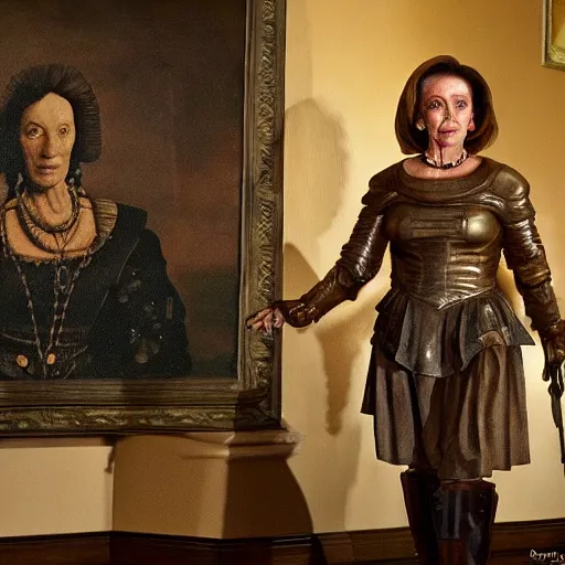 Image similar to painting of nancy pelosi standing in front of 1 6 th century backdrop. she looks like vigo the carpathian wearing armor. patina on armor. she ominously stares forward. hand on hip, arm resting on large stone. sepia toned. dramatic lighting. painting by lou police for ghostbusters 2.