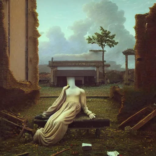 Image similar to hyperrealistic surrealism, David Friedrich, award winning masterpiece with incredible details, Zhang Kechun, a surreal vaporwave vaporwave vaporwave vaporwave vaporwave painting by Thomas Cole of a gigantic broken mannequin head sculpture in ruins, astronaut lost in liminal space, highly detailed, trending on ArtStation