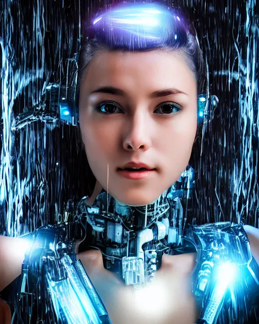 Image similar to portrait photo of female dancer as a cyberpunk mecha humanoid robotic head shoulder parts with straight bright led lights, under a waterfall, ultra - realistic and detailed, 8 k