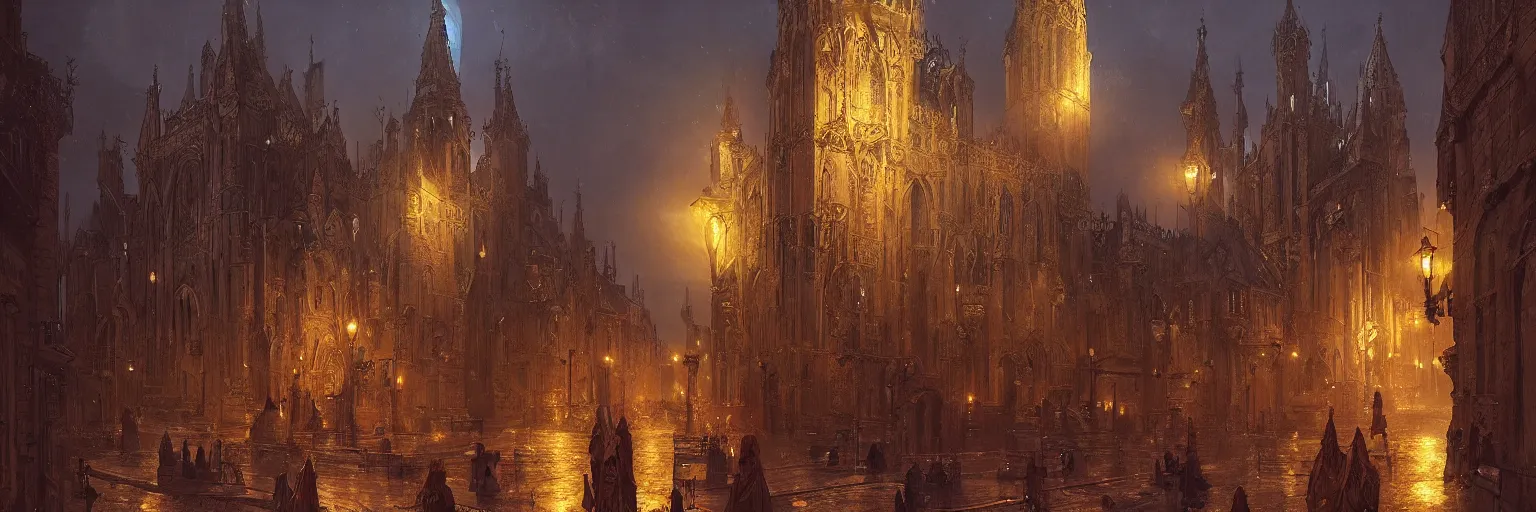 Prompt: an ancient medieval royal city at night with art nouveau architecture by greg rutkowski, artstation and lovecraft, extremely hyperdetailed, evening atmosphere, ornate granite architecture, church, clock tower