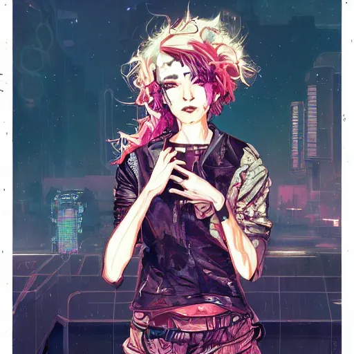 Image similar to portrait of a grungy cyberpunk anime in magic pose, very cute, by super ss, cyberpunk fashion, curly pink hair, night sky by wlop, james jean, victo ngai, muted colors, highly detailed