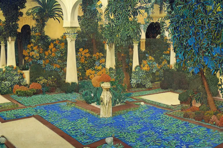 Prompt: painting of a beautiful moorish palace courtyard garden, by maxfield parrish and evelyn de morgan and waterhouse and dante rossetti, patterned tilework, palm trees, tiled fountains, extremely detailed, cinematic lighting, smooth sharp focus