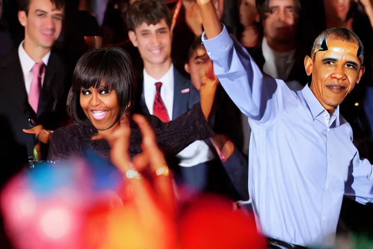 Prompt: barack obama with bangs dancing at the disco,