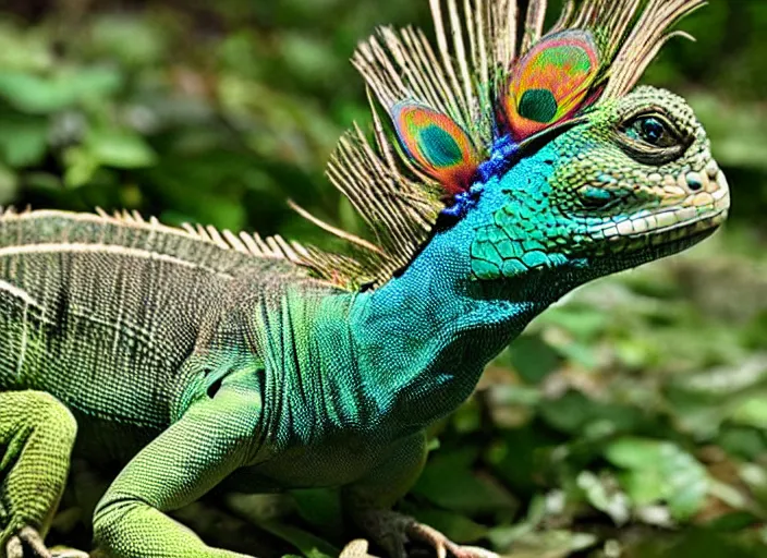 Prompt: photo of a hybrid between an iguana and a peacock