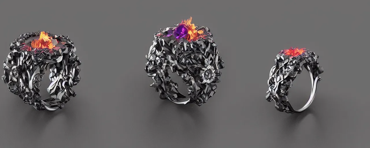 Image similar to black magic crystal ring, fire, flame, ashes, smooth, crystal, engravings, diamonds, product design, jewelry, colorful, art by gerald brom, greg rutkowski and artgerm, photo realism, unreal engine, c 4 d