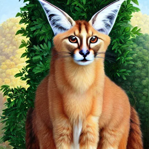 Image similar to fullbody portrait of cute fluffy caracal, wearing laurel wreath on his head, illustration, high detail, francine van hove