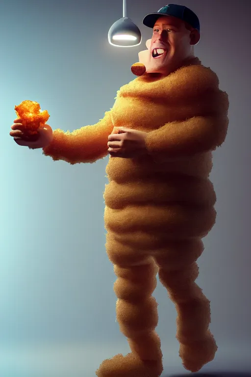 Image similar to channing tatum in a tater tot costume, tater tot face, ef 8 5 mm f 1. 8 usm, bionic scifi alexandre ferra, hyper detailed, digital art, trending in artstation, cinematic lighting, studio quality, smooth render, unreal engine 5 rendered, octane rendered