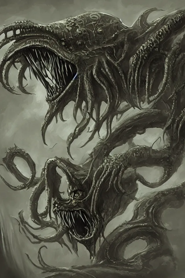 Prompt: concept art of a scary cthulhu monster with sharp sabre teeth in a dark tight lovecraft corridor