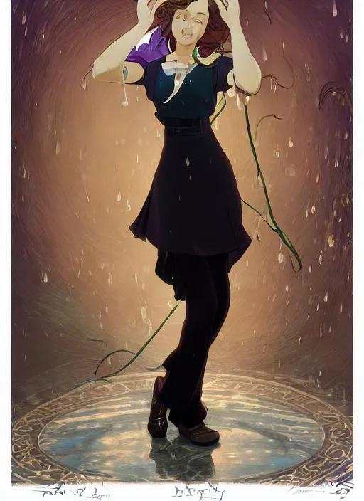 Prompt: well - lit art nouveau portrait of a 1 3 - year old girl dancing in the rain, natural lighting, path traced, highly detailed, high quality, cartoon, digital painting, by don bluth and ross tran and studio ghibli