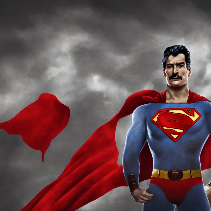 Image similar to stalin as superman, red son, socialist realism, sovietwave aesthetic, hammer and sickles, solitude, groundbreaking, award winning, breathtaking, superb, hyper realistic, detailed picture, intricate digital art, trending artstation, 8 k, unreal 5, octane render, vfx, volumetric lighting, rich moody colors, fan art, concept art