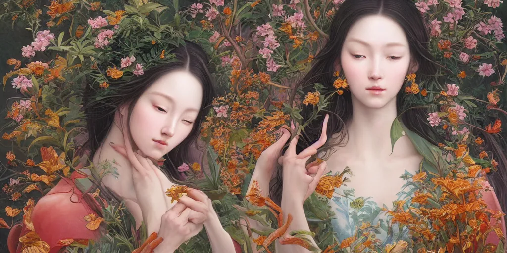 Image similar to breathtaking detailed concept art painting of the goddess, orthodox saint, with anxious, piercing eyes, ornate background, amalgamation of leaves and flowers, by hsiao - ron cheng and john james audubon and miho hirano, extremely moody lighting, 8 k