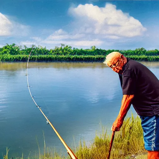 Image similar to elderly man intent on fishing with a fishing rod in a river. around a cane field, finely painted in oil, light clouds in the blue sky,