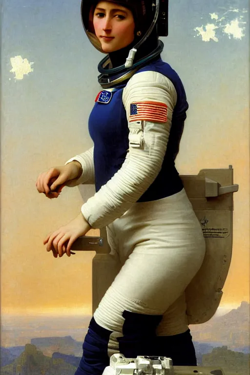 Image similar to a portrait of a female astronaut, wearing a spacesuit and helmet, by bouguereau