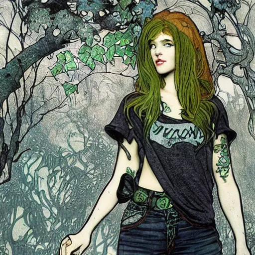 Prompt: a beautiful and detailed matte painting of a poison ivy dressed casually in jeans and a nirvana t - shirt from hot topic, food court in a mall, dark eyeliner, intricate, elegant, highly detailed, digital painting, artstation, concept art, matte, sharp focus, illustration, art by rebecca guay and by arthur rackham and by alphonse mucha and by john william waterhouse