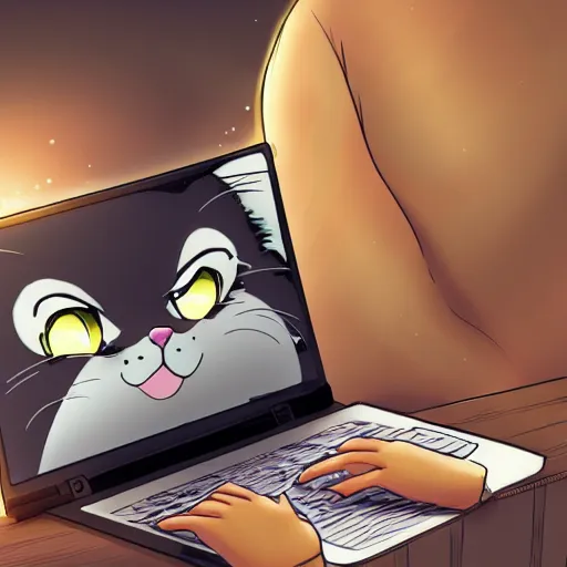 Image similar to a cat using a laptop, looking at memes, high quality anime concept art, digital art, 4k