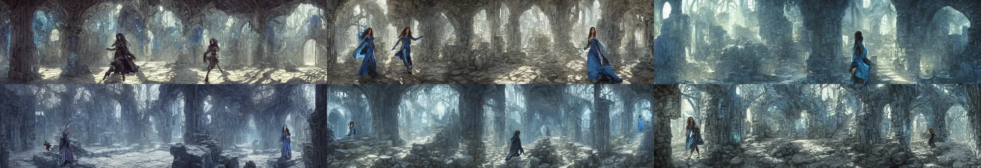 Prompt: Panorama hyper detailed painting of a fantasy dungeon with kate beckinsale as thief walking through, blue tones, stone walls, 8 mm, highly detailed, digital painting, artstation, concept art, smooth, sharp focus, illustration, art by artgerm and greg rutkowski and alphonse mucha