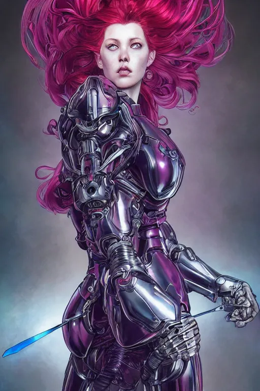 Prompt: pale woman with red hair in sci - fi armor with purple accents, bionic armor, stoic, powerful, by artgerm and yoshitaka amano and moebius and alphonse mucha, hyperdetailed, dc comics, ornate, nebula, explosions in the sky, trending on artstation