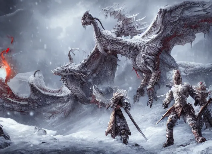 Image similar to a group of heros in a snowy landscape next to a huge terrifying white dragon, intricate detail, indie game concept art, 8 k render, chaotic and brutal, trending on artstation