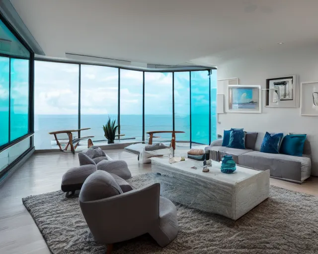 Image similar to A modern living room in a ocean hues style, calm, realsxed style, harmony, wide angle shot, 8k resolution