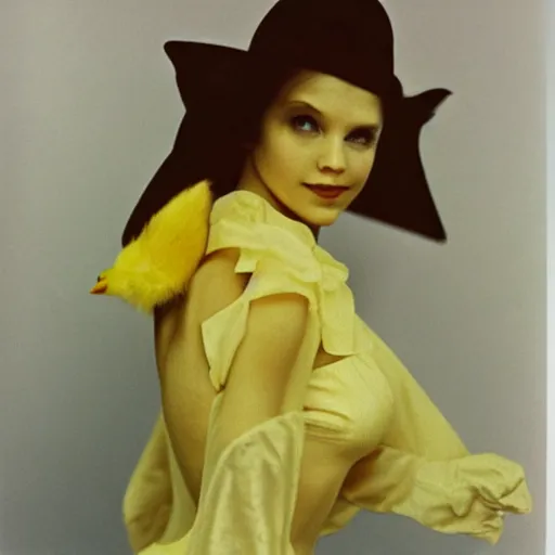 Image similar to elegant woman dressed up as pikachu, art photo by Annie Liebovitz and David Hamilton and Alphonse Mucha