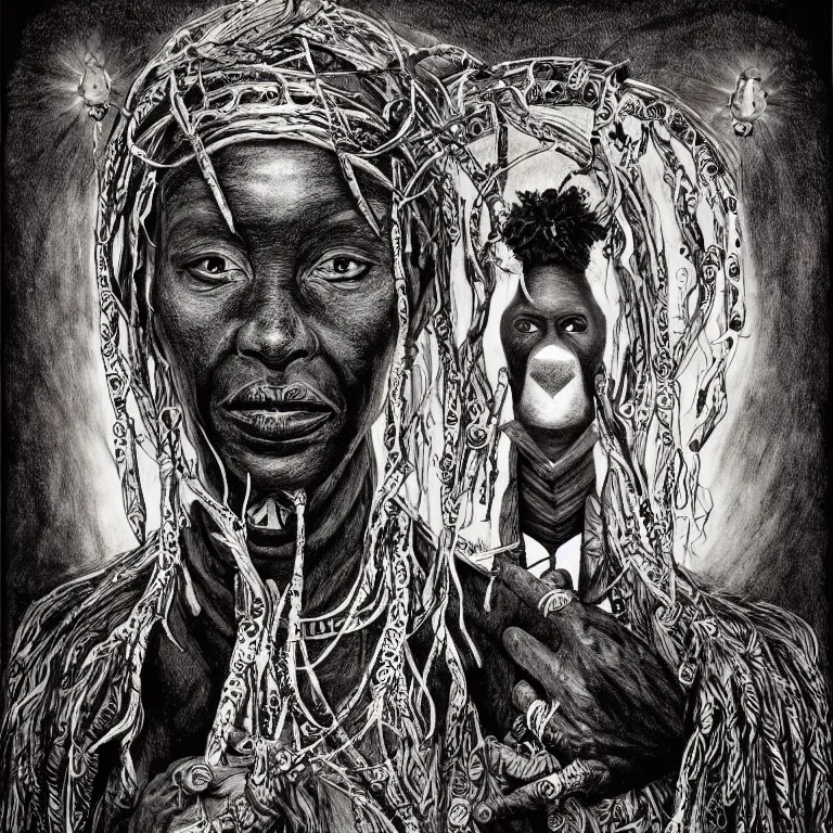 Prompt: mysterious portrait of a voodoo shaman, occult, magical realism, spiritualistic seance, pen and ink illustration by daniel martin diaz, symmetry, artstation, ultrarealistic, 8 k