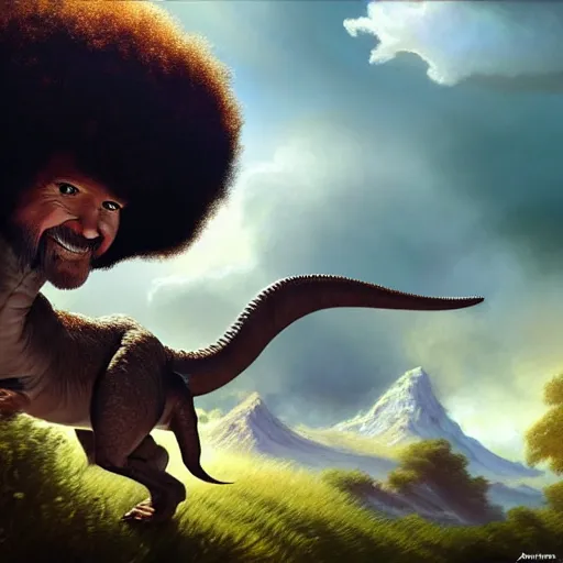 Prompt: bob ross!!! riding! a dinosaur!!, giant afro!, model pose, ultra realistic, concept art, intricate details, highly detailed, photorealistic, octane render, 8 k, unreal engine. art by artgerm and greg rutkowski and alphonse mucha