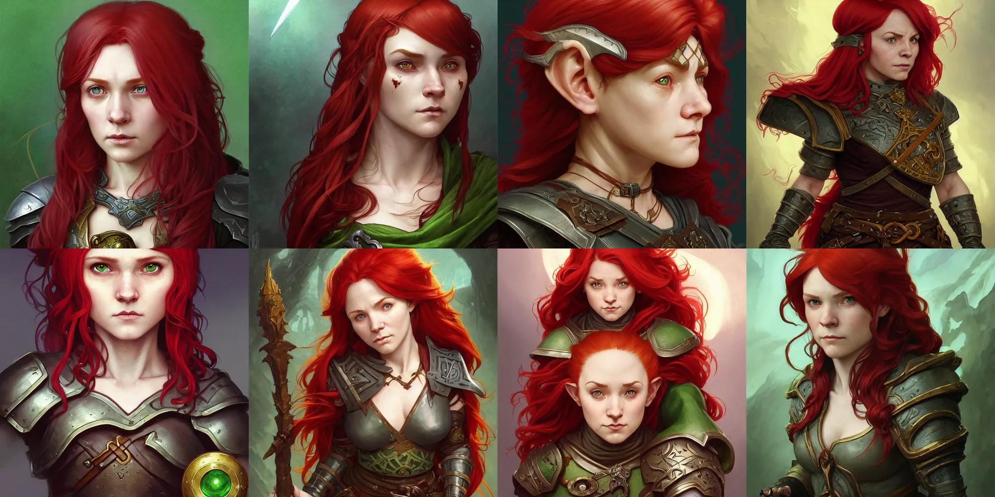 Prompt: “portrait of a female halfling cleric with red hair and green eyes, D&D character, highly detailed, digital fantasy character painted portrait, artstation, concept art, sharp focus, illustration, art by artgerm and greg rutkowski and alphonse mucha and craig mullins and James Jean and Andrei Riabovitchev and Marc Simonetti and peter mohrbacher”
