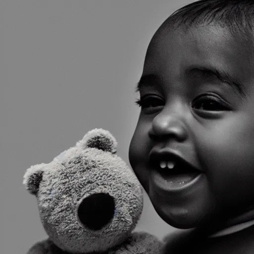 Image similar to cinematic photograph of baby Kanye West with a anthropomorphic teddy bear, close up, portrait, album cover, shallow depth of field, 40mm lens, gritty, textures