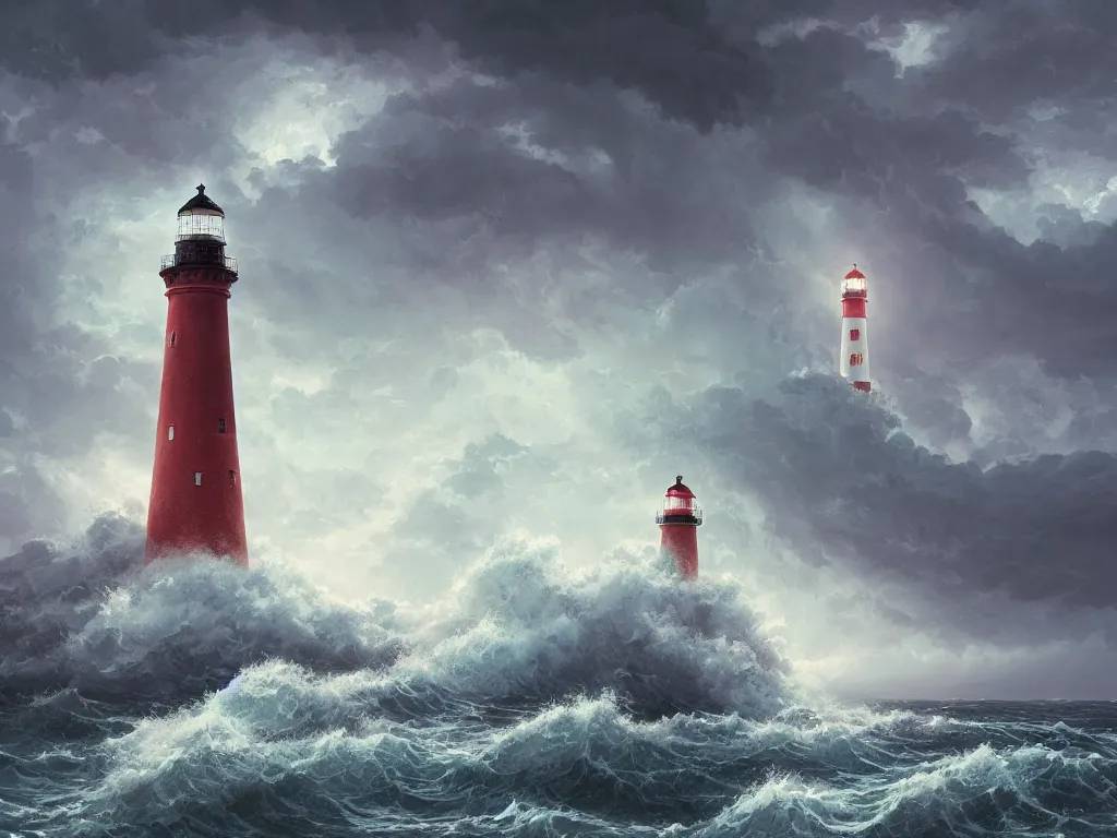 Prompt: A highly detailed matte oil painting of a lighthouse in a storm, crashing waves, hyperrealistic, cinematic, breathtaking, beautiful composition, Studio Ghibli, Artgerm, Dan Mumford, rossdraws, James Jean, beeple, volumetric lighting, octane render, 4K resolution, trending on artstation