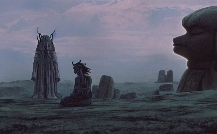 Image similar to movie still from princess mononoke ( 1 9 9 7 ) showing a highly detailed landscape with a giant long - haired buddha in lotus position with stonehenge in the background. 1 9 8 0 s science fiction, 1 9 7 0 s science fiction, cyberpunk, moody, misty, depth perception, 4 k, artstation