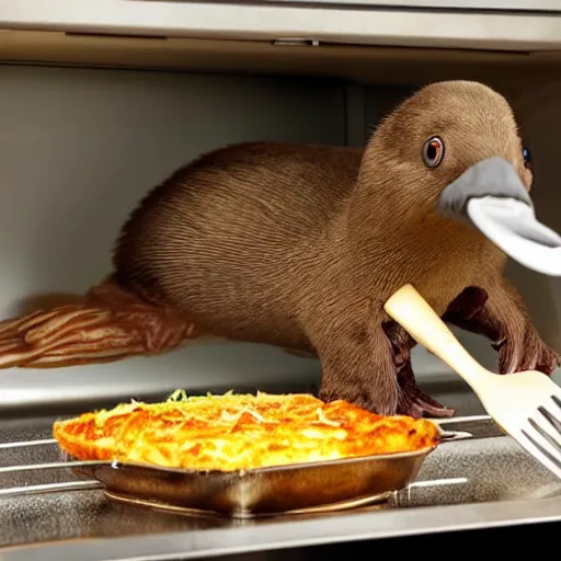 Prompt: platypus wearing a chef hat while putting a lasagna in an oven, with three basil leaves over the lasagna