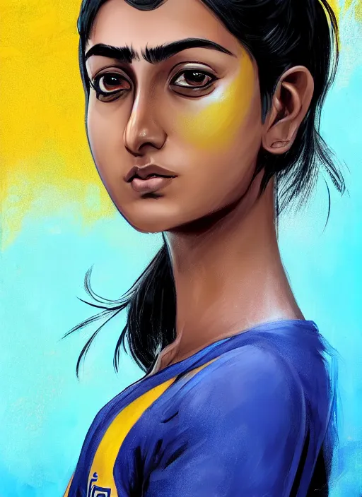 Prompt: An epic fantasy comic book style portrait painting of a young Indian woman named Immodi, very expressive, dark piercing eyes, tomboy, mischievous, smirk, round face, very dark tan skin, futuristic short black hair style, wearing a blue and yellow soccer uniform, arms crossed, unreal 5, DAZ, hyperrealistic, octane render, cosplay, RPG portrait, dynamic lighting