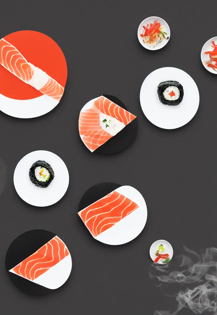 Image similar to sushi, hyper minimalist geometric graphic design in the style of buro destrukt and die gestalten verlag