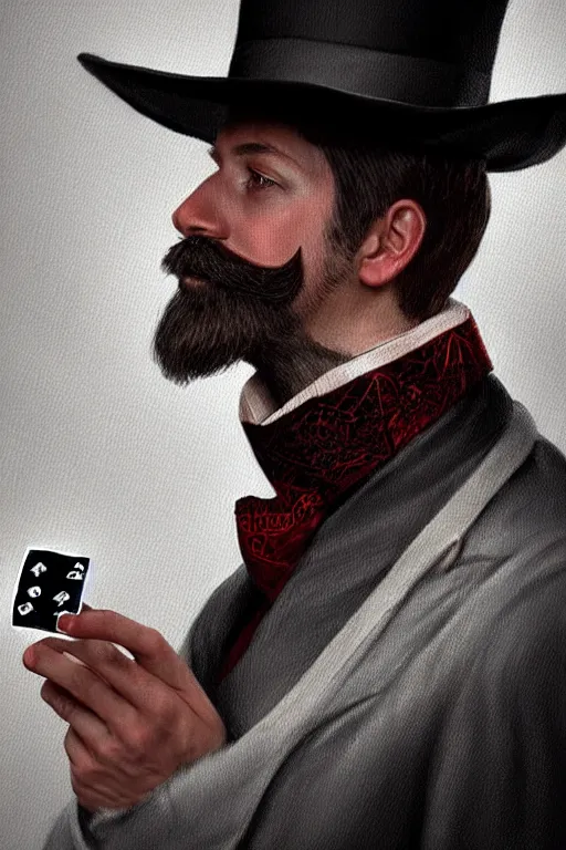 Image similar to neck bearded round face with no moustache, magician holding playing cards, realistic, modern, magicians eyes are covered with cloth, intricate, elegant, highly detailed, digital painting, artstation, concept art, addiction, chains, smooth, sharp focus, illustration, art by ilja repin