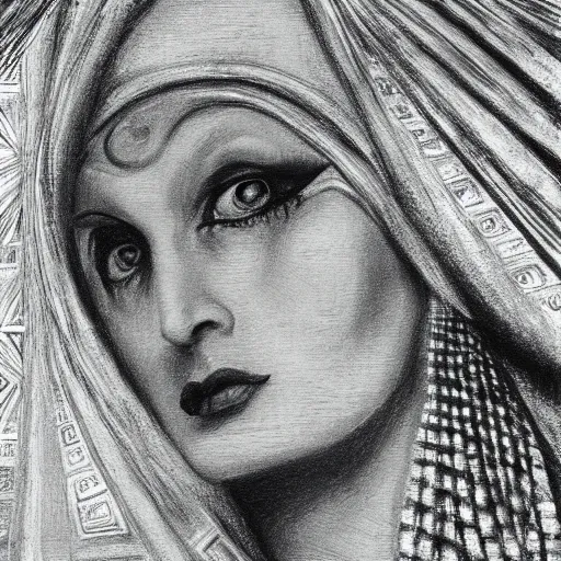 Image similar to Close-up of Norma Desmond, pencil drawing. El Greco, Remedios Varo, Salvador Dali, Carl Gustav Carus, John Atkinson Grimshaw. Blue tint. Symetrical, logo, geometric shapes.