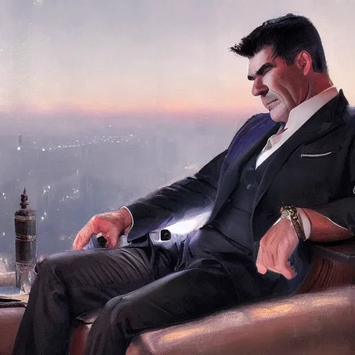 Image similar to a portrait of simon cowell frowning in disgust, 1 9 2 0 s, femme fatale, gorgeous view, night, film noir, eerie, high detail, depth, masterpiece by greg rutkowski, digital art, trending on artstation