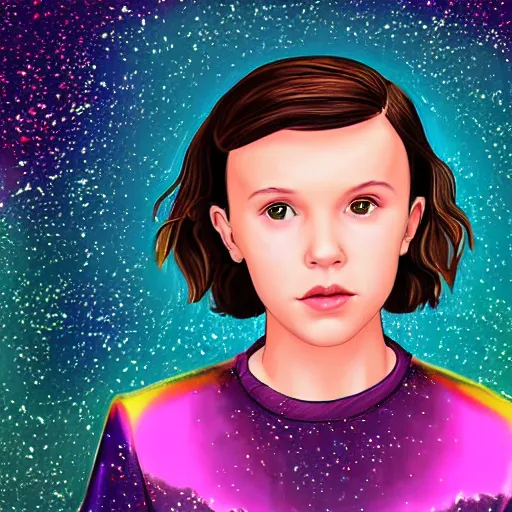 Image similar to Digital Art of Millie Bobby Brown made of galaxies
