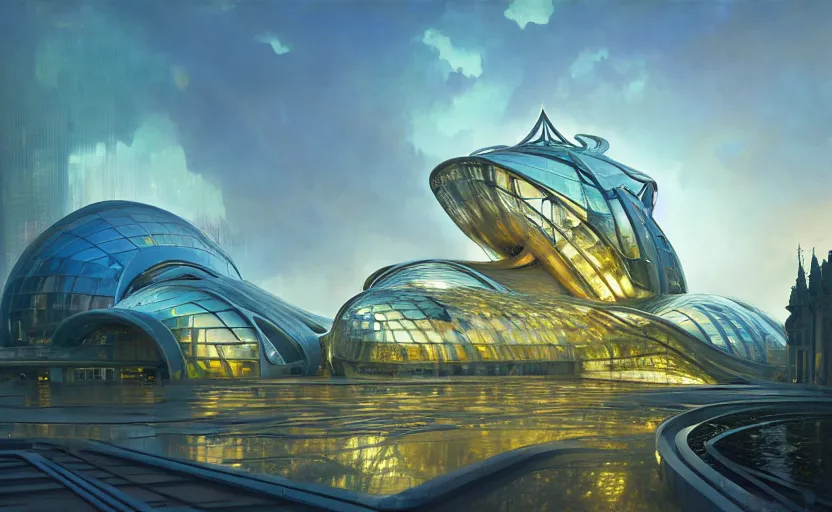 Image similar to exterior shot of utopian architecture transparent building with cinematic lighting by zaha hadid and renzo piano, darek zabrocki and greg ruthkowski, alphonse mucha, simon stalenhag, cinematic, stars, beautiful, holy place, paradise, scifi, futurism, atmospheric, concept art, artstation, trending on artstation