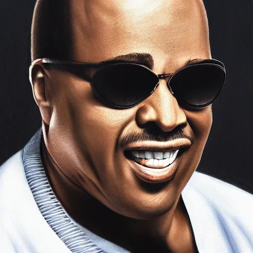 Image similar to stevie wonder with the physique of a body builder, hyper realistic, ultra detailed, cinematic, dynamic lighting, photorealistic, refined, intricate, digital art, digital painting, masterpiece, 8k