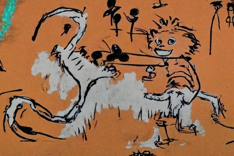 Prompt: calvin and hobbes in cave painting style