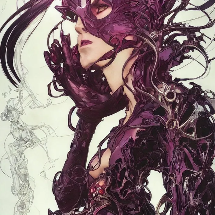 Image similar to a beautiful female super villain being evil, ultra realistic, concept art, intricate details, serious, powers, highly detailed, anime, 8 k, art by todd mcfarlane and artgerm and greg rutkowski and alphonse mucha