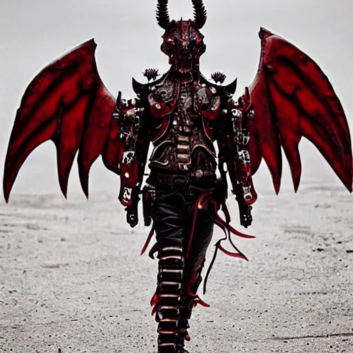 Prompt: mechanical steampunk cyborg devil red skin satan horns with white! angel wings flames and fire photography by david yarrow concept art greg rutkowski