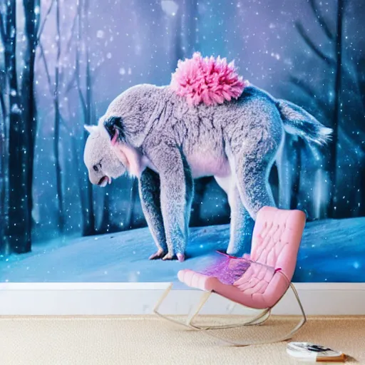 Image similar to pink and blue unicorn, koala riding on unicorn's back, koala stretches arms wide, hyper realistic style, winter forest with snow, dramatic lighting, one large yellow flower, 4k