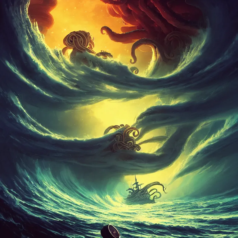 Image similar to treasure planet, kraken monster in a stormy sea with huge waves, huge tentacles, clouds, stars, rings, beautiful lighting, vivid colors, intricate, elegant, smooth, concept art, cinematic, unreal engine, wallpaper, by syd mead, terada katsuya, atey ghailan, svetlin velinov, makoto shinkai art style