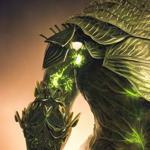 Image similar to vegetal humanoid armored botanical rune covered armor leafy nanotechnology sleek kryptonite protomolecule highly evolved with utility fog tendrils in high contrast cinematic light, mystical shadows, sharp focus, divine realm of gods, octane render