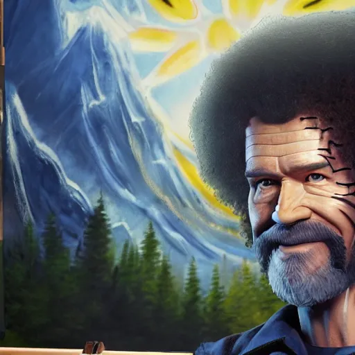 Prompt: a closeup photorealistic photograph of bob ross working on a canvas painting of dr. strange. film still. brightly lit scene. mountains and trees. this 4 k hd image is trending on artstation, featured on behance, well - rendered, extra crisp, features intricate detail, epic composition and the style of unreal engine.